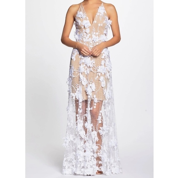 Dress the Population Sidney Floral Appliqué Illusion Sheer Gown White/Nude M - Picture 1 of 13